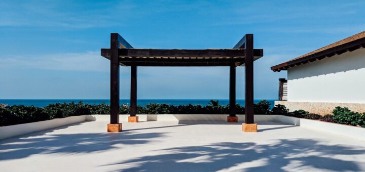 black steel canopy on gray ground